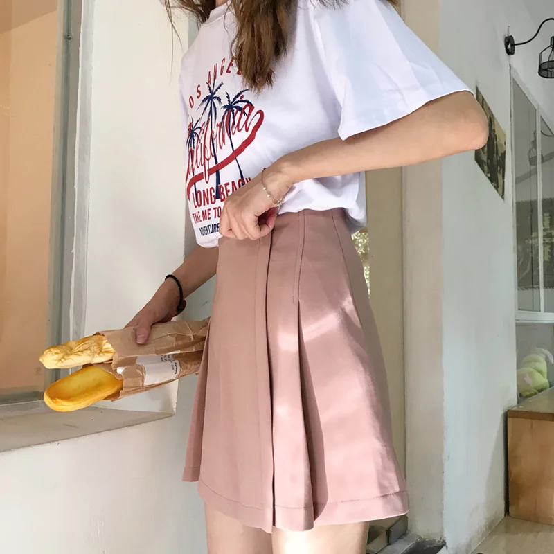 Skirts Women Solid Pink Pleated Skirt Simple All Match Womens High Waist Comfortable Hot Sale Kawaii Korean Style Fashion Mini | Женская
