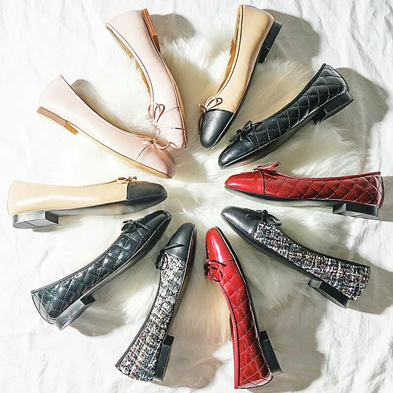 

2021 New Loafers Slip-on Bow Casual Ballet Flat Genuine Leather Women Ballerina Shoes Big Size 34~42 Wy3-23