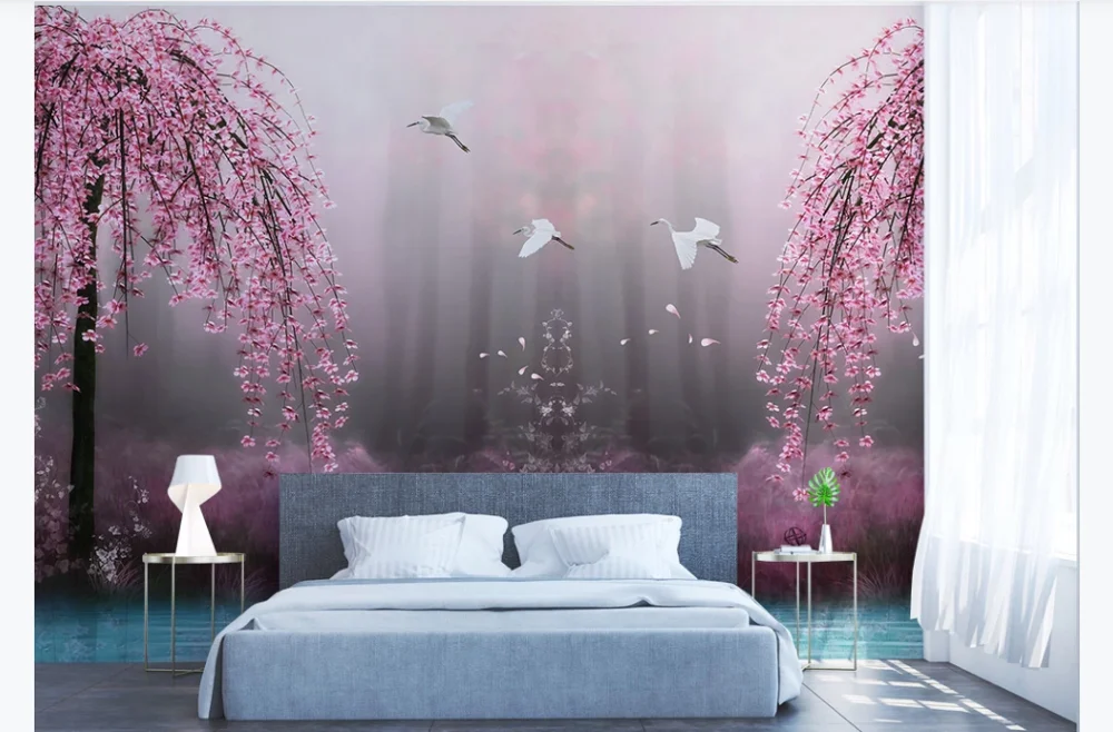 Фотообои на заказ красивые Фэнтези розовый цвет вишни лебедь озеро пейзаж