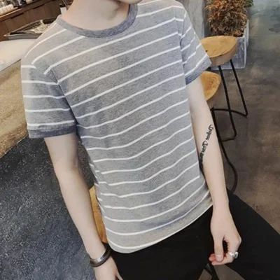 

Men's Gray Striped Short Sleeve T-Shirt Korean Trend Slim Round Collar Student Half Sleeve Shirt Men's Wear