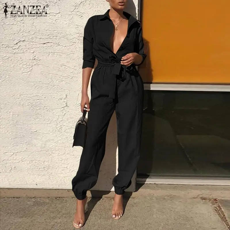 

Женский Повседневный Элегантный однотонный комбинезон на пуговицах, 2021 Модный комбинезон с длинными рукавами и отворотом, офисный эластич...