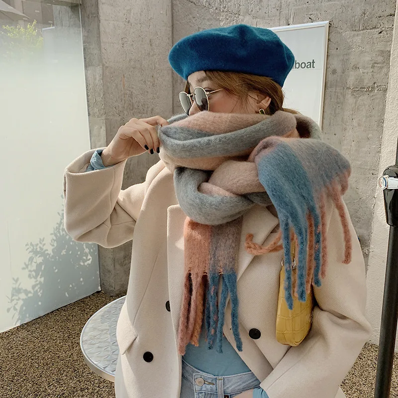

2021 Winter Female Plaid Scarf Cashmere Fringed Shawl Big Thick Braids Love Spell Color Rainbow Plaid Scarves Shawl Wrap Blanket