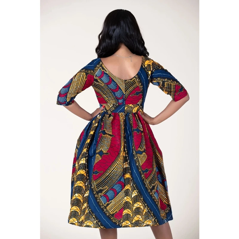 

New Fashion African Vintage Sexy Dress For Women Dashiki Africa Style Print Rich Bazin Dashiki U-Shaped Back Top Midi Dresses