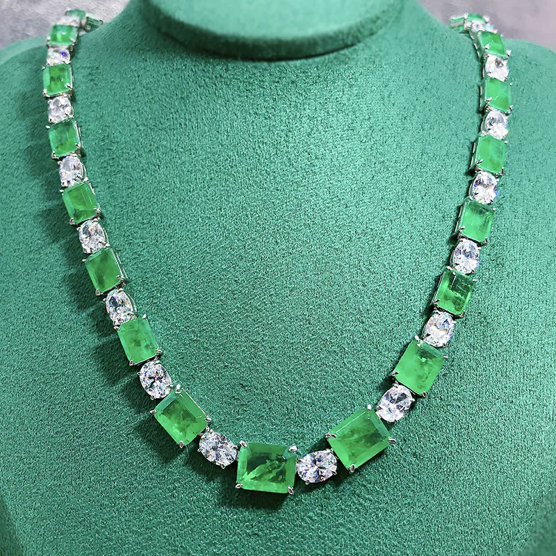 

Classic Green Emerald Pendant Necklace S925 Sterling Silver Full 5A Zircon Diamond Necklace For Women Wedding Party Fine Jewelry