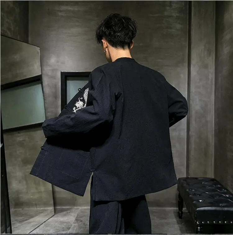 Chinese Style Embroidered Jacket 2021 Cotton Linen Tang Suit Wudang Disc Button Tunic Plus Size Tops Men Cloting |