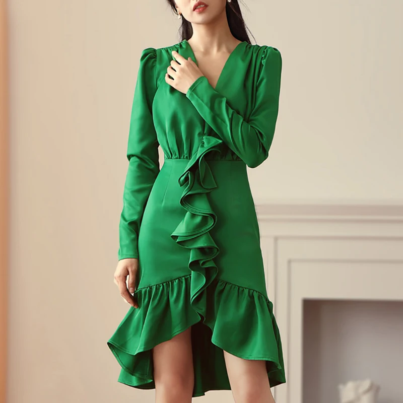 Женское платье с V-образным вырезом Max Spri элегантное офисное длинными рукавами