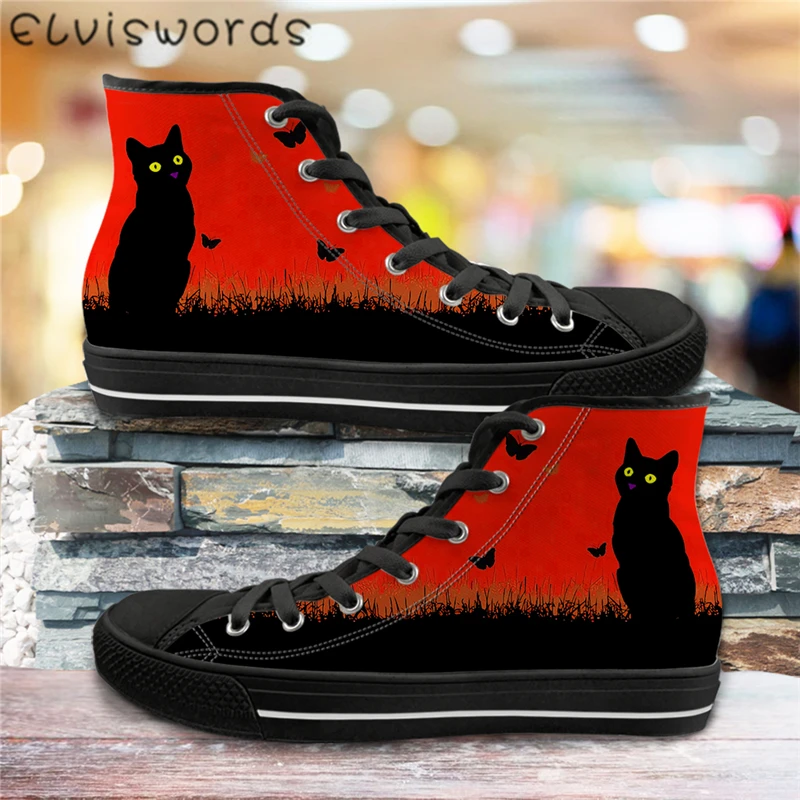 

ELVISWORDS Sketch Black Cat Butterfly Print Casual Vulcanized Shoes Women Breathable Canvas Flats Light Lace-up Sneakers Mujer