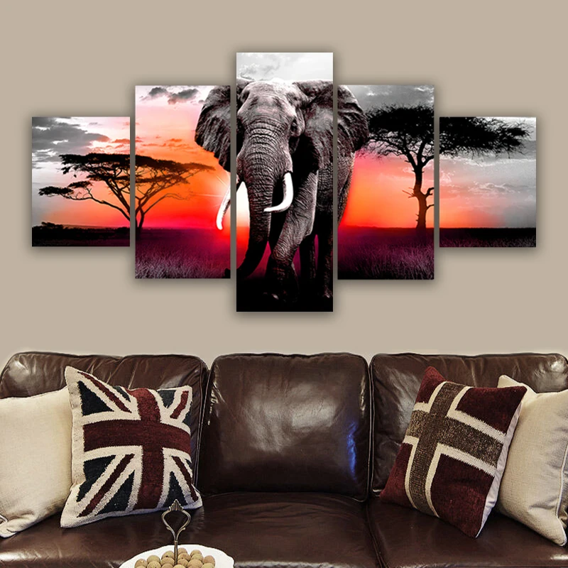 

Canvas Pictures Home Decor 1 Piece Walking Elephant Sunset Africa Grassland Scenery Painting Prints Poster Living Room Wall Art