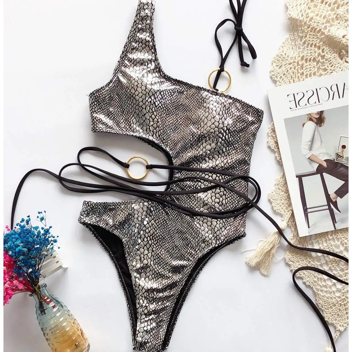 

Hot Sale Sexy Bikini Women One-piece Swimsuit Fashion Single Shoulder Swimwear Luxury Design Snake Bikini