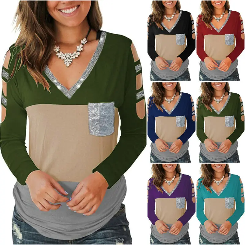 

Womens Long Sleeve V Neck Colorblock Hollow Out T Shirt Loose Tops Blouse Casual