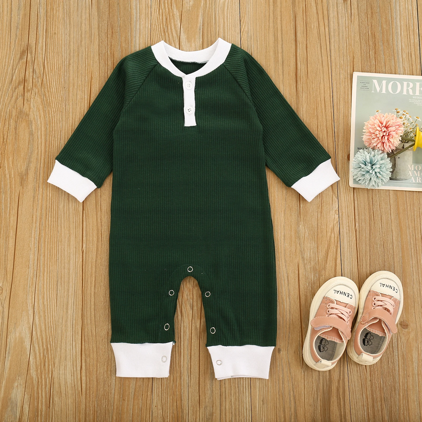 

Newborn Baby Girls Boys Patchwork Button Romper Long Sleeve O Neck Autumn Cotton Soft Infant Toddler Rompers Jumpsuits 0-24M