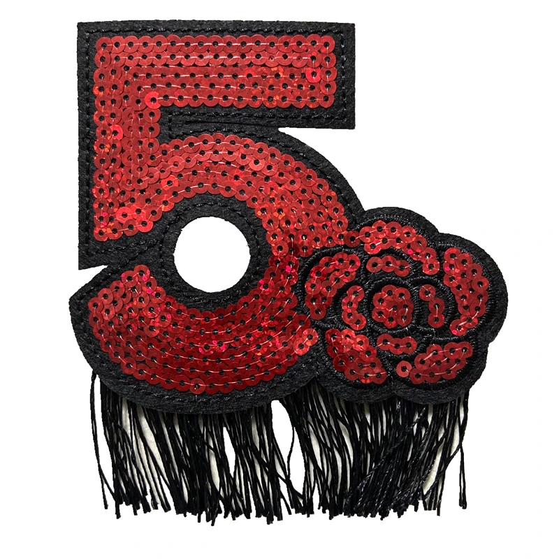 

WUYUCONG Bling Red 5 Flower With Tassels Sequined Patches for Clothes 3D Sequins Appliques Sewing Handmade Decoration 1 Piece