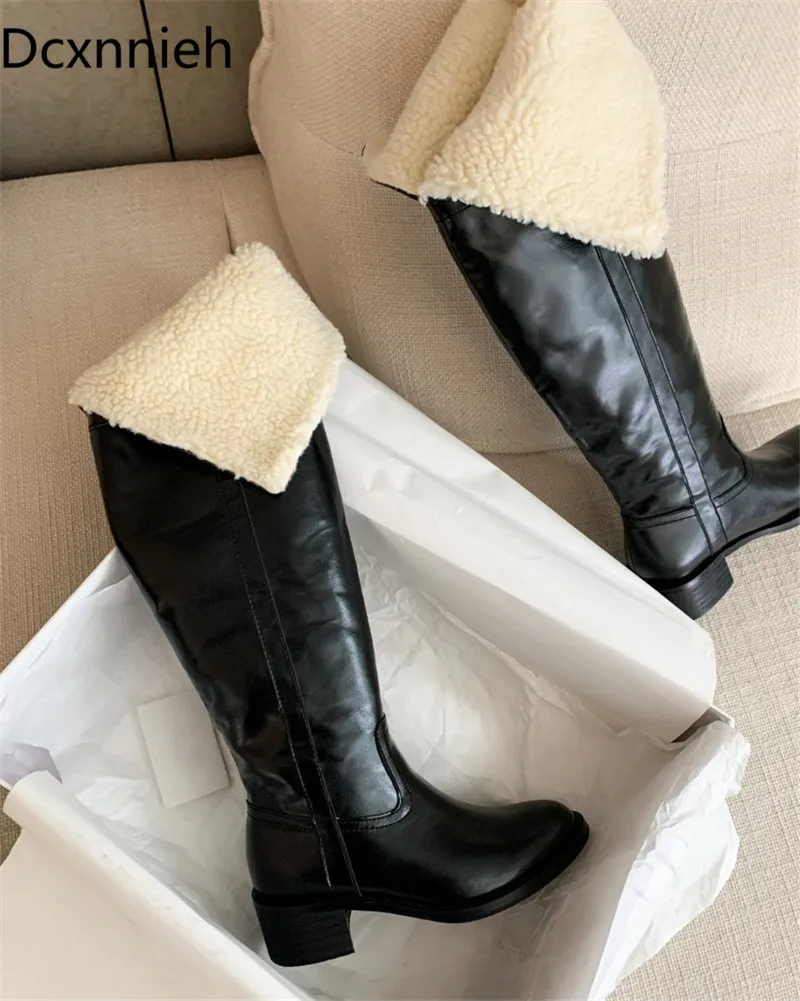 

Genuine Leather Wool Thigh High Boots Women Winter Snow Boots Ladies Low Heel Knight Over The Knee Boots Furs Runway Shoes Woman