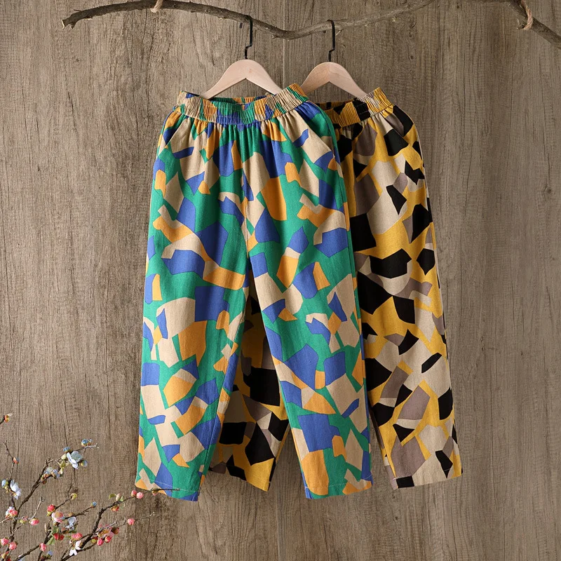 Льняные летние свободные штаны с принтом Харадзюку Готический стиль женские