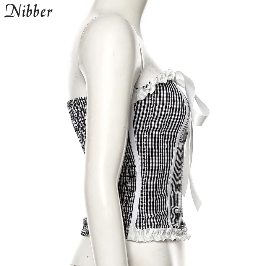 NIBBER, осенний, Harajuku, розовый, без бретелек, с бантом, Тонкий Топ, женский, короткий, камзол,, винтажный, клетчатый, элегантный, облегающий жилет, тройники