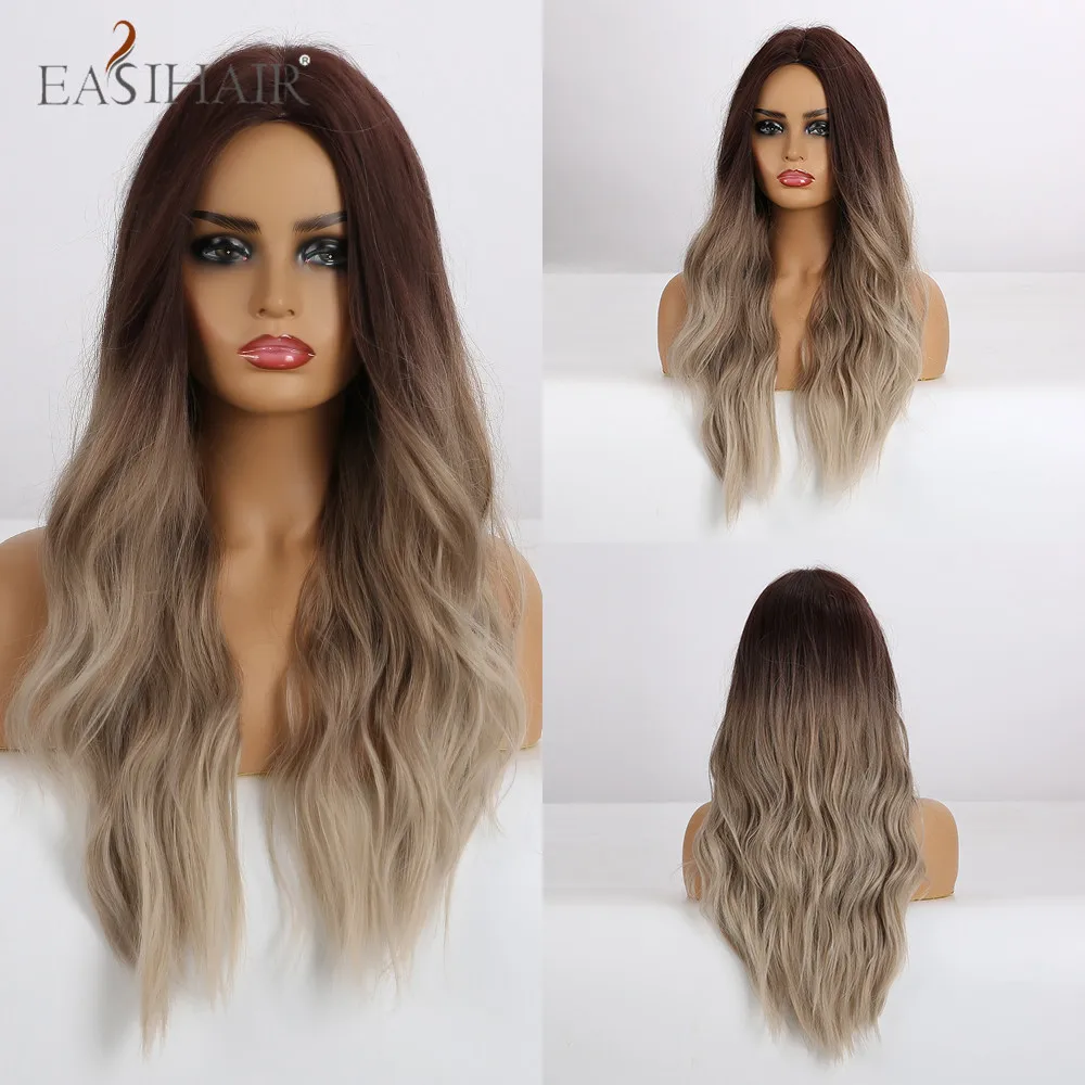 

EASIHAIR Long Water Wave Brown Blonde Ombre Synthetic Wigs Female Middle Part Heat Resistant Wigs for Women African American