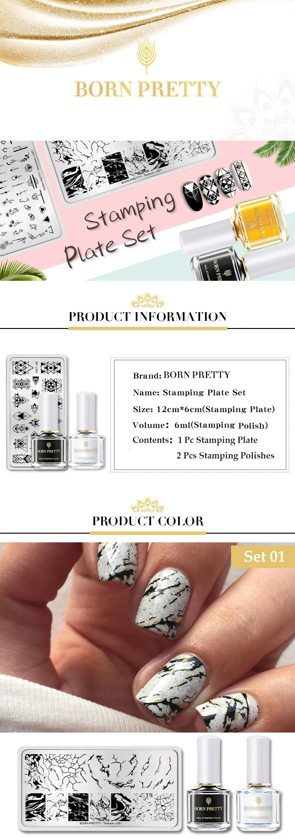 BORN PRETTY 3 шт. набор штампов для ногтей Черный Белый штамповочный набор для ногтей Цветочный геометрический штамповочный шаблон штамп лак Рождественский дизайн ногтей