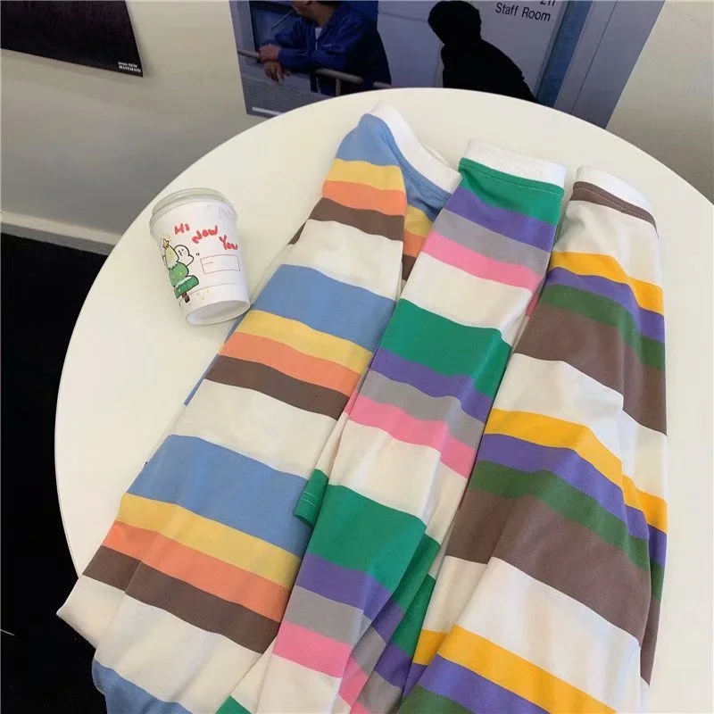 

Striped punk t shirt women rainbow top casual harajuku round neck blouse korean short sleeve shirt women fashion women top