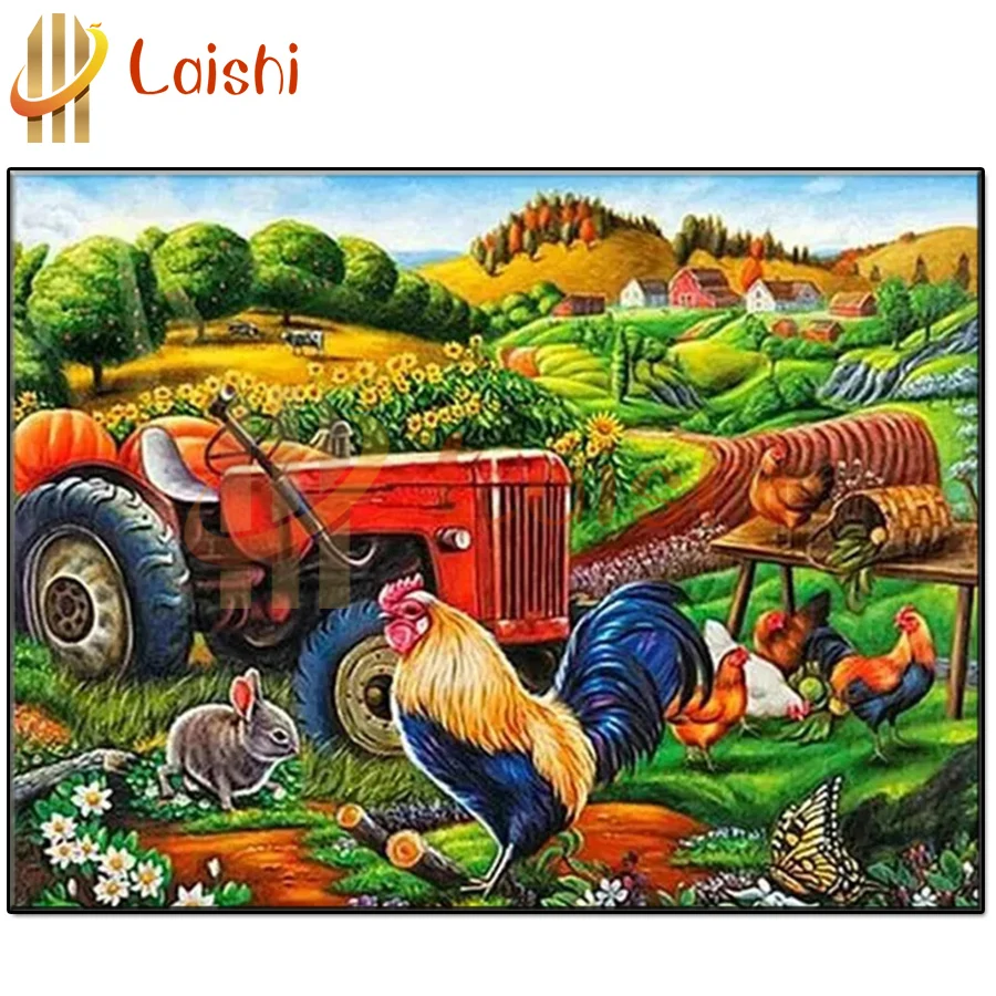 

Полная круглая Алмазная вышивка с изображением фермы, животных, пейзажа, мультяшная алмазная живопись, квадратная картина, ручная Подарочн...