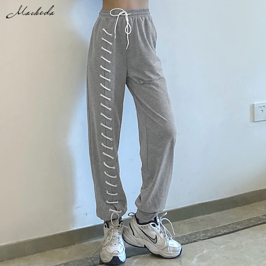 

Женские брюки с дырками Macheda, серые повседневные брюки на шнуровке с высокой талией для улицы, осень 2020