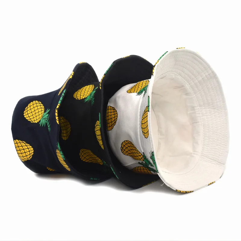 

New Fashion Black White Cow Pattern Bucket Hats Fisherman Caps for Women Spring Summer Banana And Pineapple Pattern Caps For Man