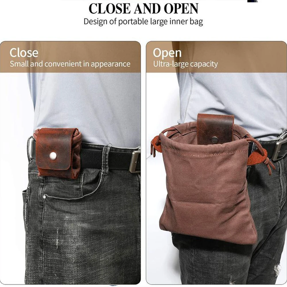 

Leather And Canvas Bushcraft Bag Portable Foldable Tool Belt Bag Foraging Pocket With Drawstring Outdoor Picking Camping Bag