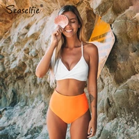 seaselfie solid white and orange bikini sets sexy high waist padded swimsuit two pieces swimwear women 2022 beach bathing suits