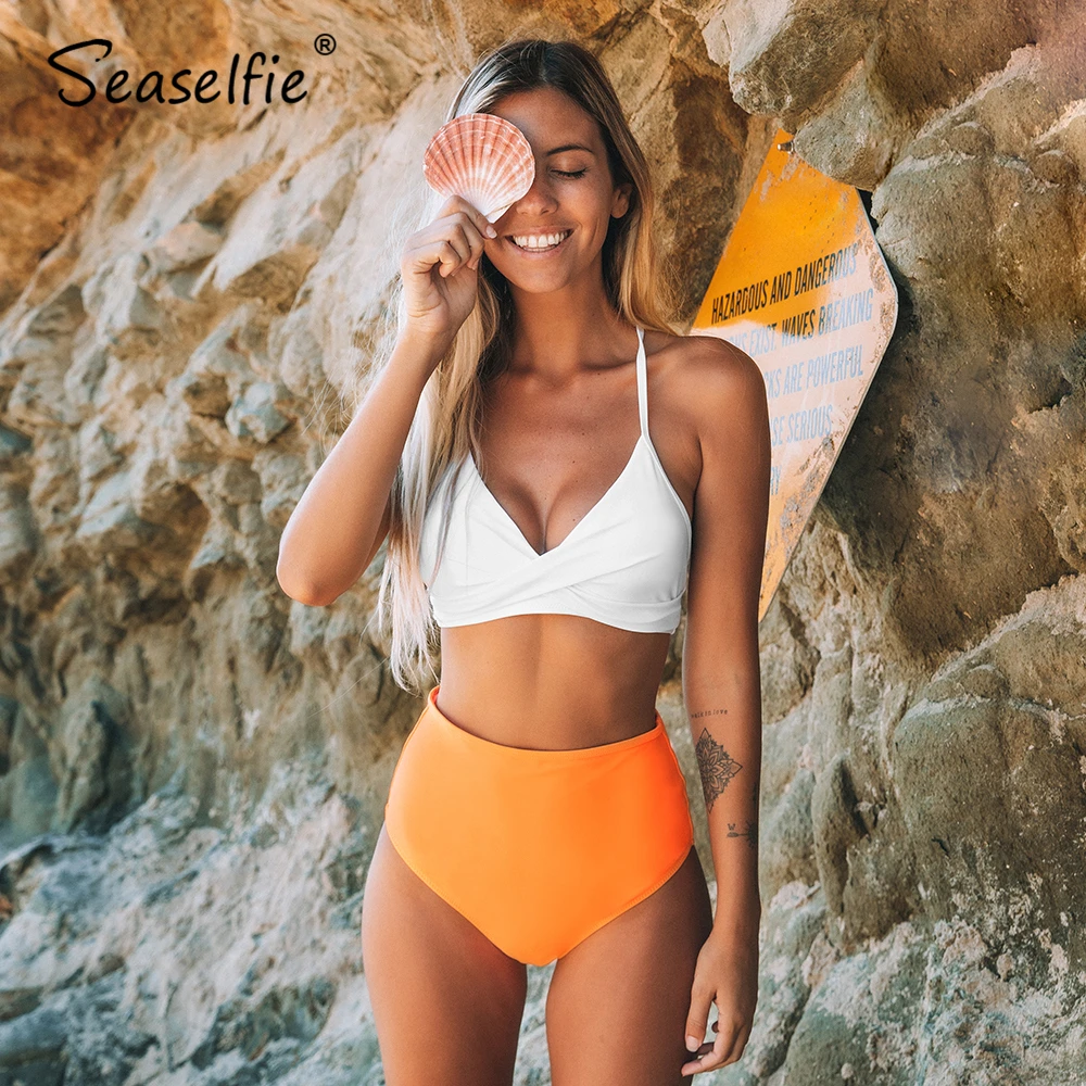 SEASELFIE однотонные белые и оранжевые комплекты бикини сексуальный купальник с