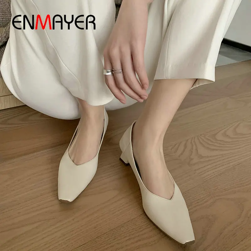 

Женские свадебные туфли ENMAYER, элегантные туфли из натуральной кожи на квадратном каблуке, без застежки, Офисная и деловая обувь, размеры 34-39, ...
