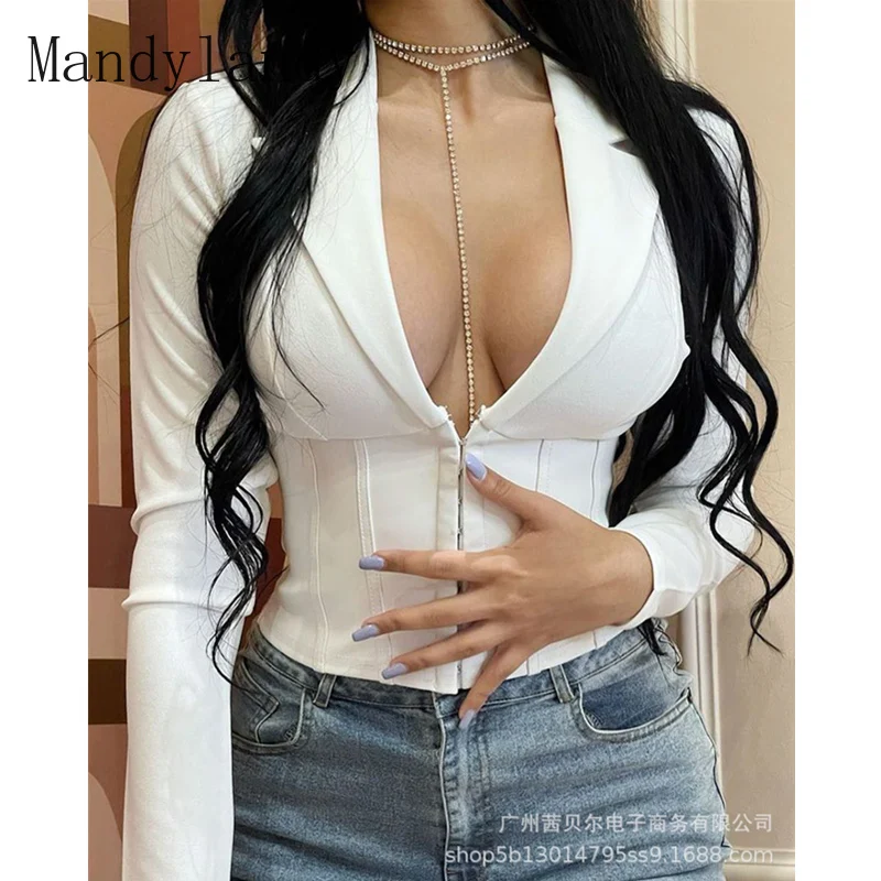 

Mandylandy Women's Elegant Autumn Shirt Top Lady Sexy Fashion Long Sleeve Lapel Collar V Neck Corset T-shirt