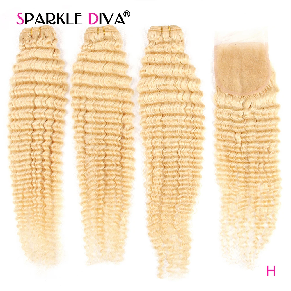 613 Bundles With Closure Deep Wave 3 Human Hair Bundles With Closure Remy Hair Extension Peruvian Blonde Bundles With Closure