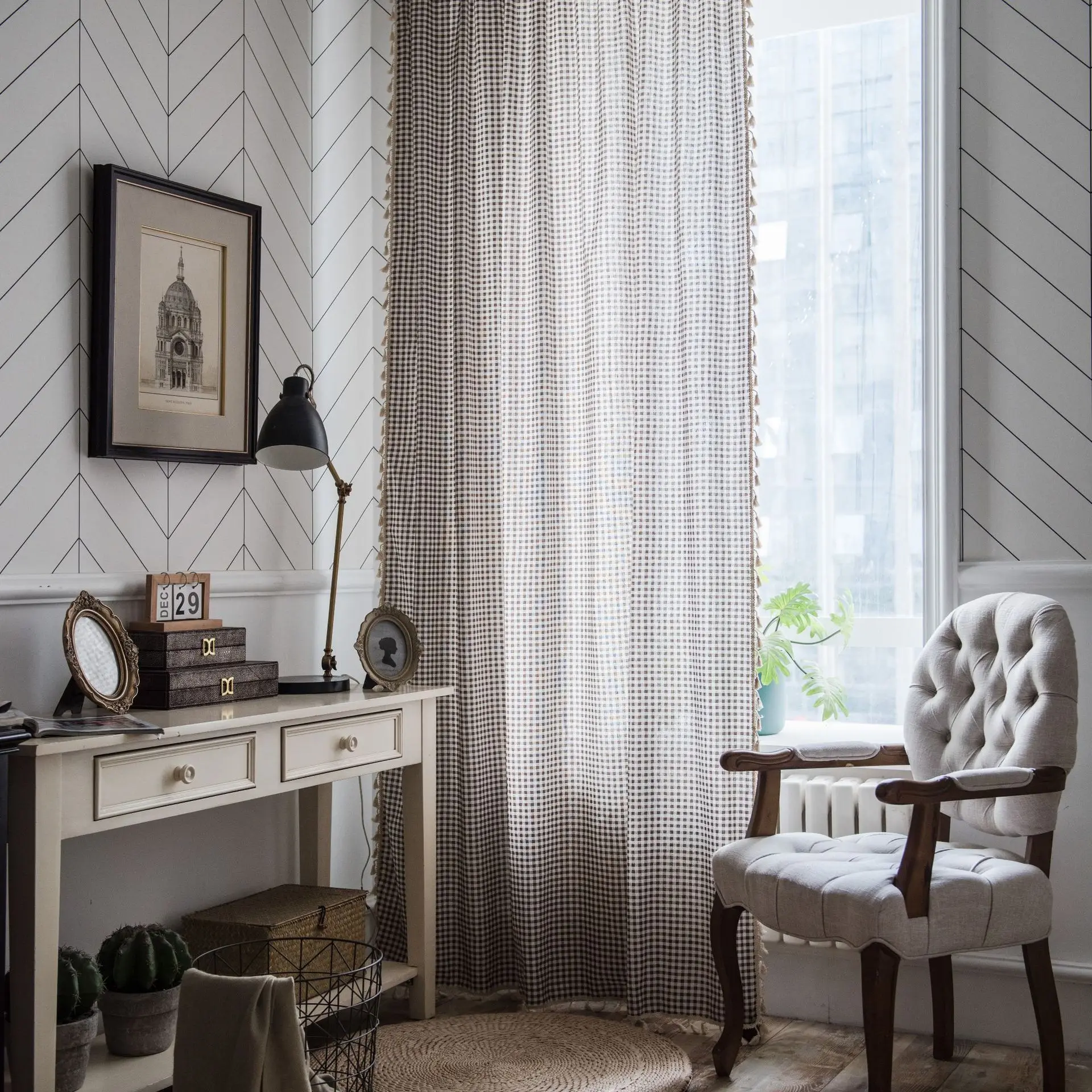 

Country tassel curtain finished Japanese-style small window kitchen curtain cotton and linen semi-shading bay window monolithic