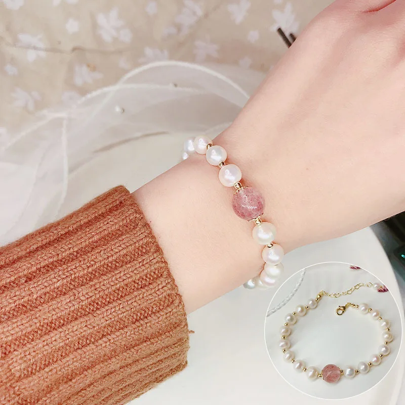 

Pearl Beaded Bracelet for Women Girl Simple Handmade Pink Strawberry Crystal Beads Chain Bracelets Fashion Jewelry Friend Gifts
