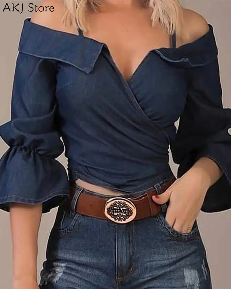 

Women Elegant Solid Color Flared Sleeve Blouse Long Sleeve Off Shoulder Top