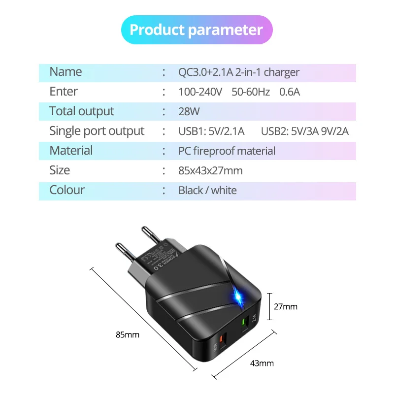 Быстрое зарядное устройство ANKNDO QC 3 0 Европейское настенное с 2 портами 5 В А а USB