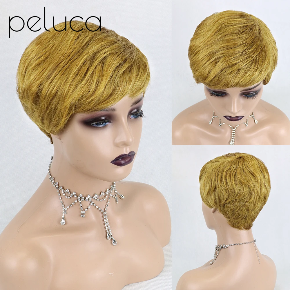 

Pixie Cut Straight Short Honey Blonde Ombre Color Hair Bob Wig With Bangs Full Manchine Made Wig For Black Women 150% Density