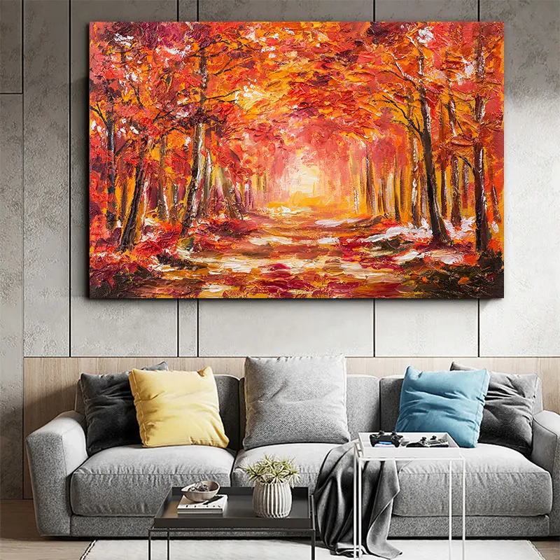 Картина маслом на холсте красный кленовый лес дорожные плакаты и принты для