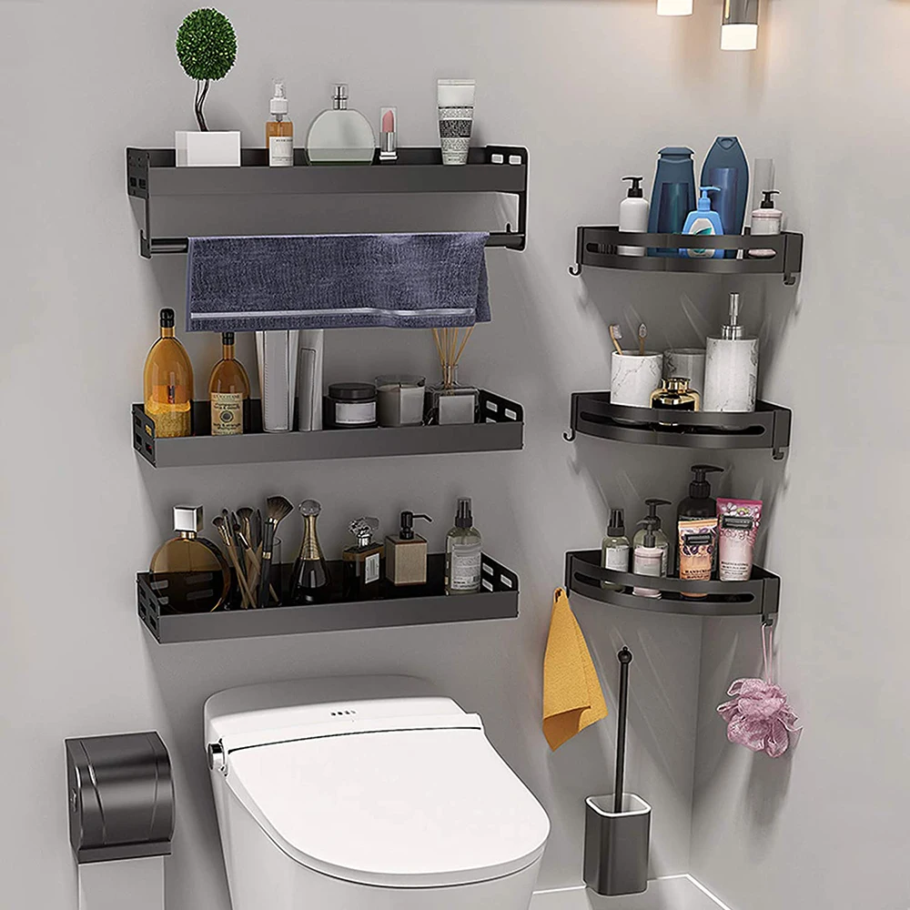

Bathroom Accessories Wall Shelf Kitchen Organizer Sucker Wall Mounted Shower Storage Rack Corner Shelf Hook Shampoo Holder