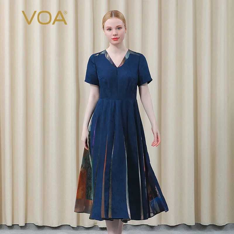 

VOA 38m/m Silk Jacquard Navy Blue V-neck Short Sleeve Dress AE887 Middle Waist Rear Invisible Zipper Dresses for Women 2021