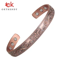 3000 gauss open cuff adjustable bracelets for women health energy magnetic bangles flower pattern pure copper bracelets bangle