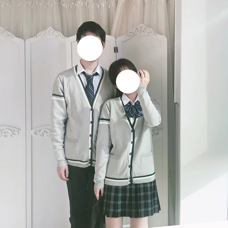 

Cute gray khaki color Knit cardigan sweater japan uniform sweater Couple wear