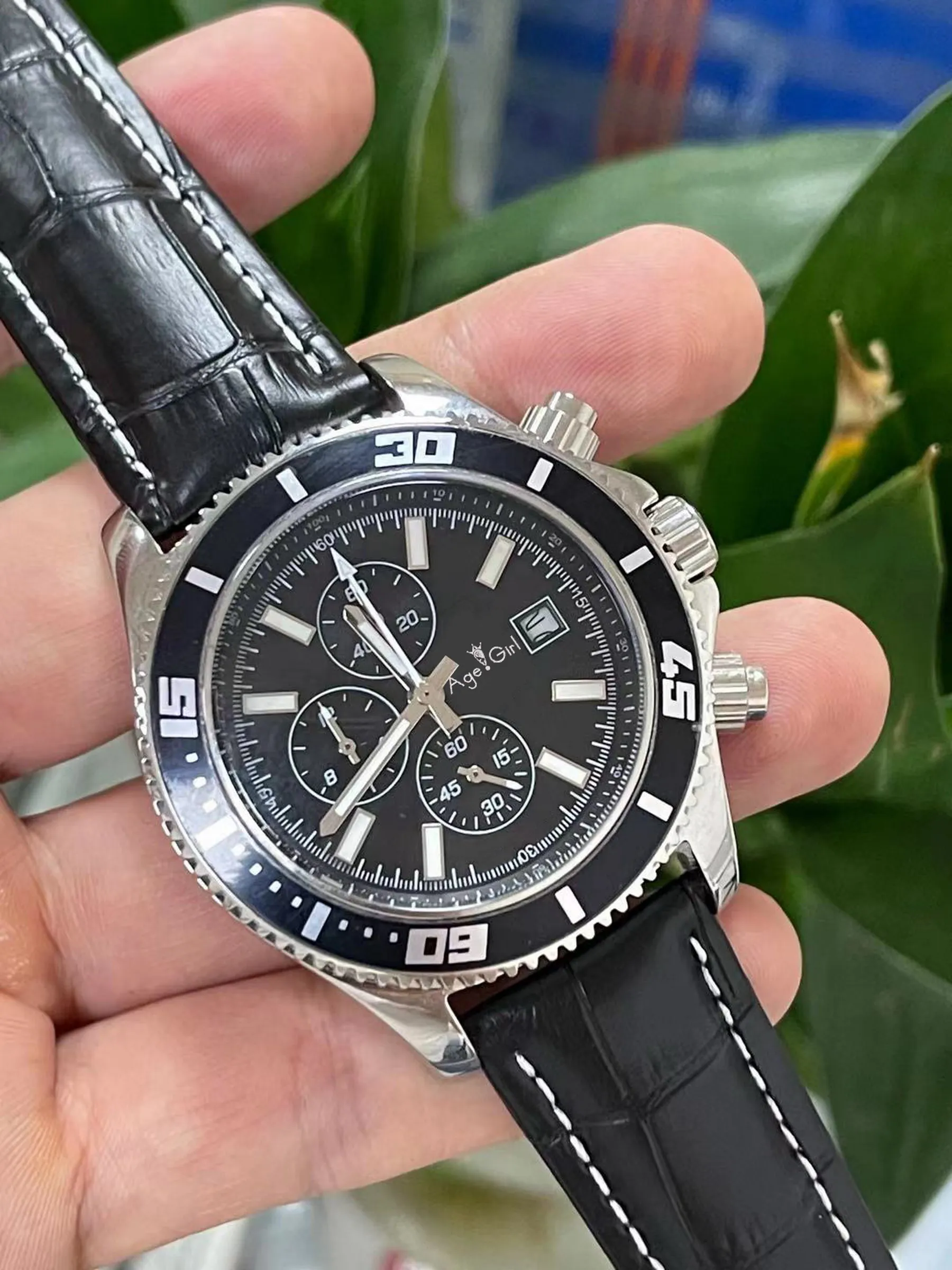 

2021 Luxury New Men Quartz Chronograph Ceramic Bezel Stopwatch Watch Black Blue Stainless Steel Leather Sapphire Watches 44mm