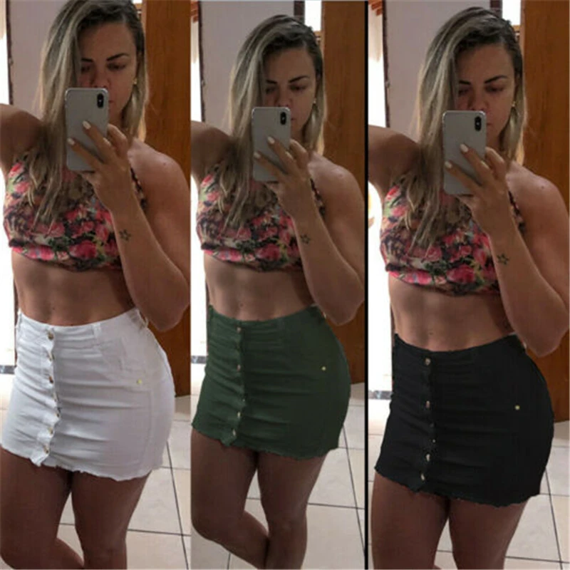 

2020 Women Button Denim Jeans Bodycon Mini Skirts Strench High Waist Button Sexy Club Skirt Summer Mini Solid Skirts