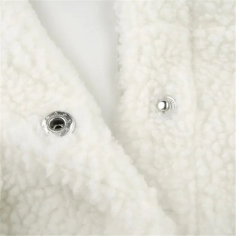 

Women Fleece White Cropped Jacket Fashion Autumn Winter Warm Loose Pockets Button Coat Female Blue White Velvet Outwear Femme