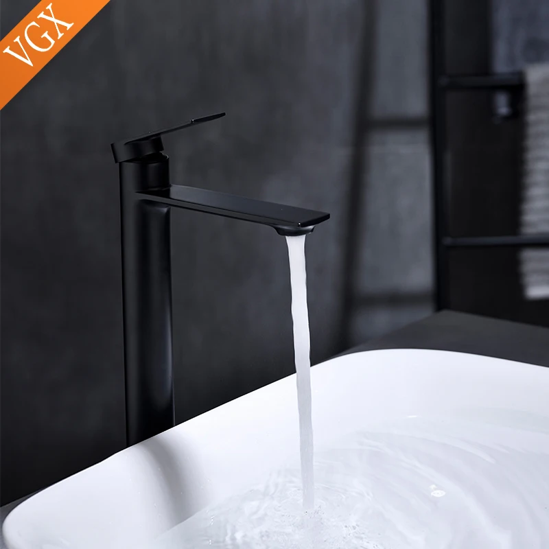 

VGX Bathroom Mixer High Rise Faucet for Counter Top Wash Basin Sink Tap Single Hole Washroom Brass Matt Black F601-103B