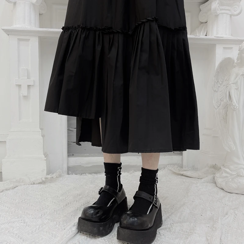 

Qiukichonson Long Skirts Womens Pleated Skirt Goth Lolita Summer High Waisted Asymmetrical Black Skirt Ruched Ruffle Skirts rok