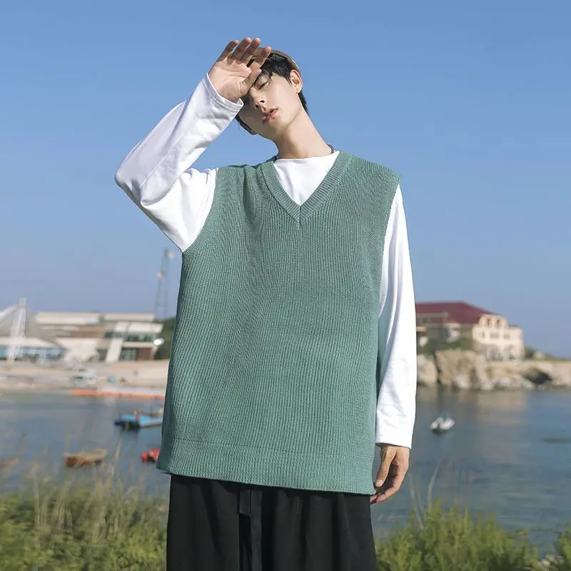 

Sweater Vest 2021 Autumn Winter Y2K Men Pullovers Waistcoat Sweater Vest Knitted Irregular Split Retro V-neck Tops Sweater Vest