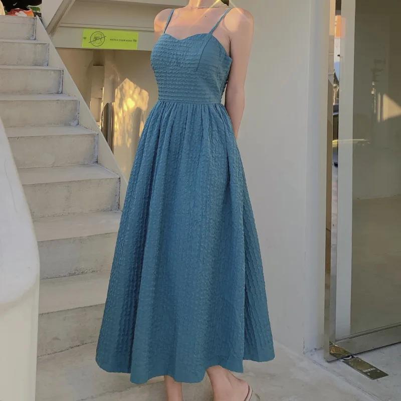

French Vintage Simple Embossed Slim Party Maxi Dress Female Summer Green Sexy Spaghetti Strap Dress Vestidos Mujer Verano 2021