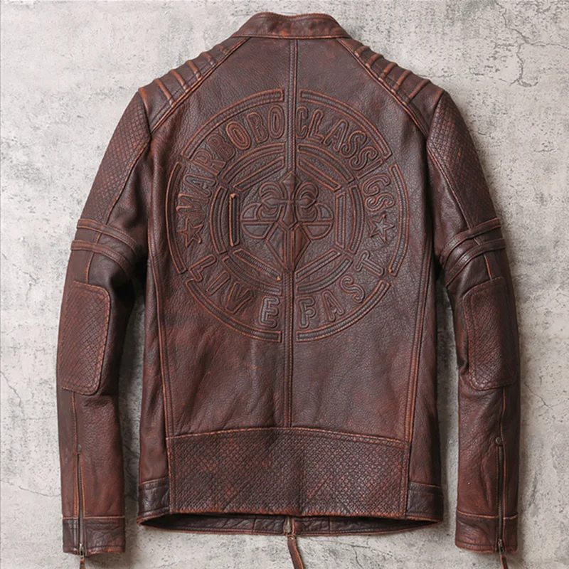 

2021 Vintage Black American Motorcycle Style Genuine Leather Jacket Men Plus Size 5XL Real Natural Cowhide Slim Fit Biker's Coat