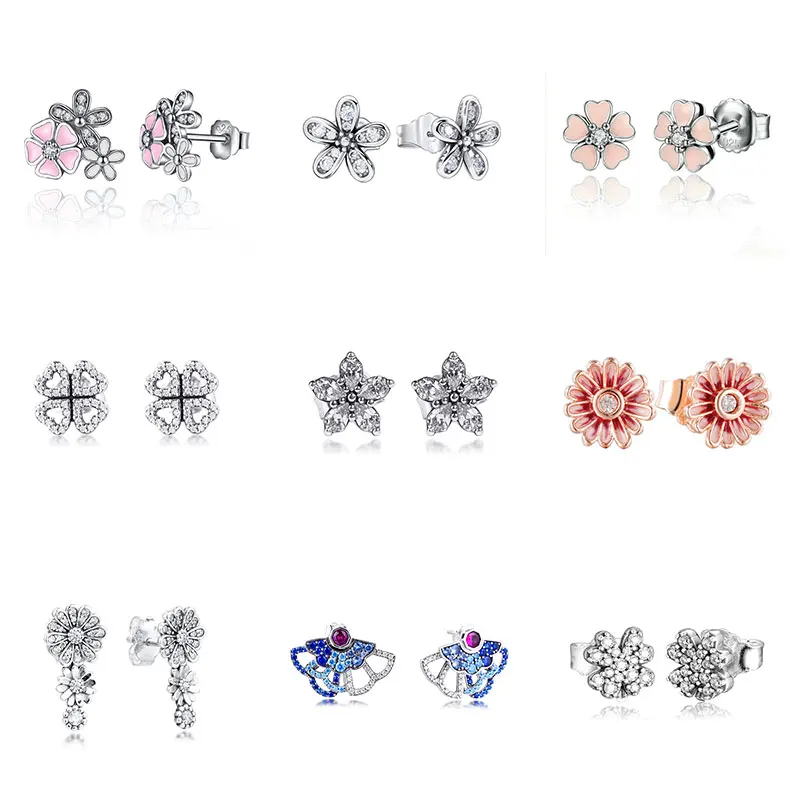 

2021 925 Silver Flower Cute Stud Earrings Female Elegant Pink Small Hoop Earrings For Women 2021 Jewelry Gift Piercing Earrings